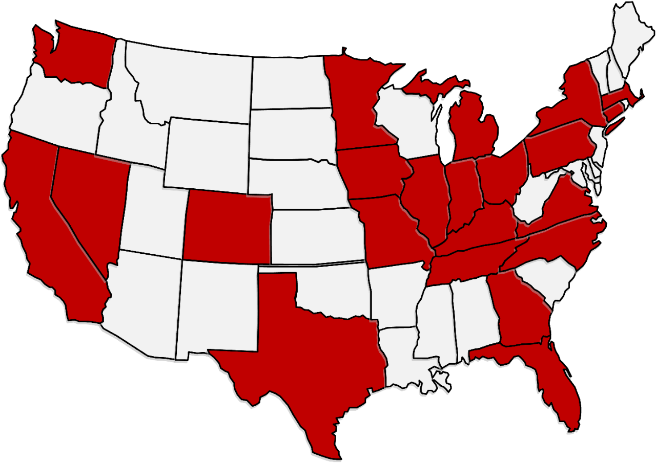 Map of the United States where California, Colorado ,Connecticut , Florida, Georgia, Illinois, Indiana, Iowa, Kentucky, Massachusetts, Michigan, Minnesota, Missouri, New York, Nevada, North Carolina, Ohio, Pennsylvania, Tennessee, Texas, and Washington are red to identify them as states where Externships are held.